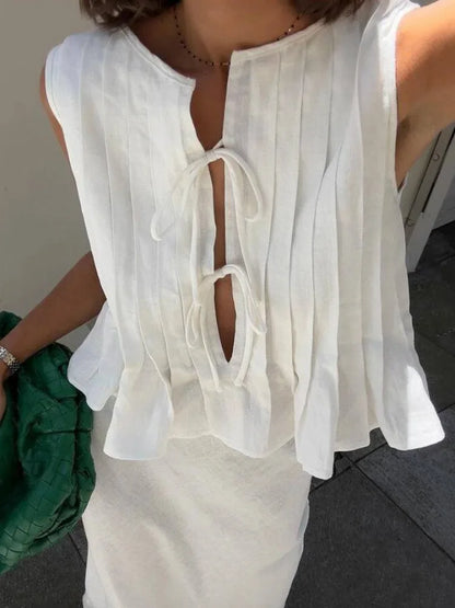 liwuka White Cotton Linen Shirt for Women Elegant Sexy Sleeveless Lace Up Blouse Summer Fashion Pleated Causal Holiday Shirts 2024