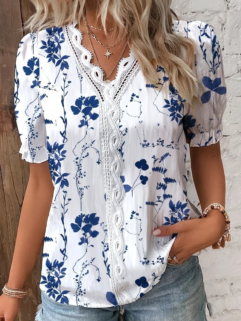 liwuka Casual V Neck Lace Hollow Out Shirt Blouse Office Lady Summer Elegant Floral Print Short Sleeve Shirts For Women White Tops