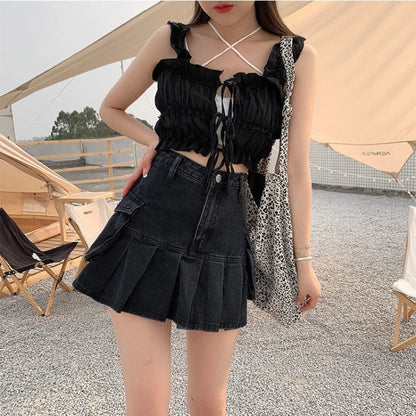 liwuka Vintage Pleated Denim Skirt Women Black Sexy Y2K Mini Skirts Retro Gothic Casual Patchwork Streetwear A-line Jean Skirt