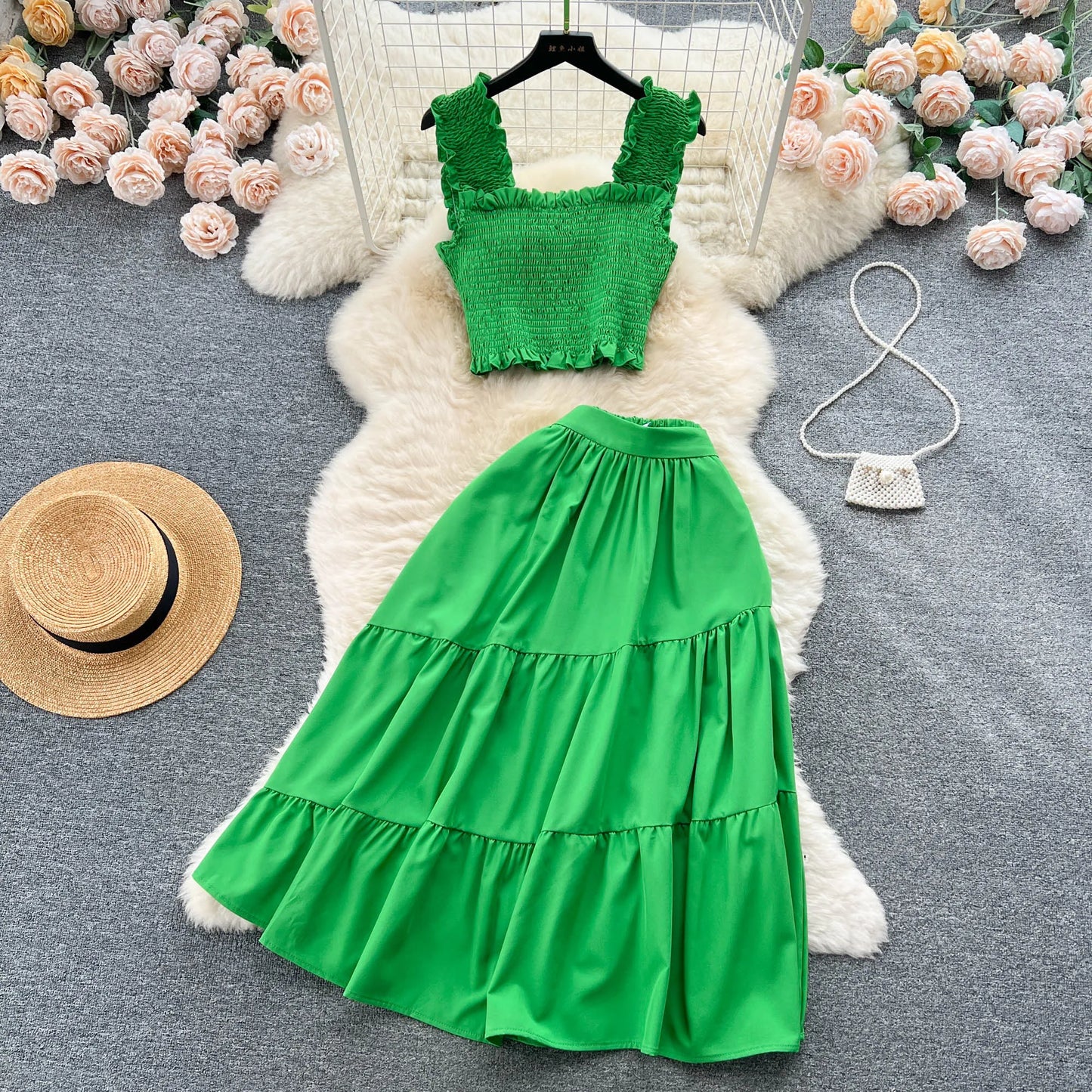 liwuka Chic Fashion Women Dress Suits Summer Vacation Style Sleeveless Stretchy Tops + High Waist Long Skirts Lady Outfits