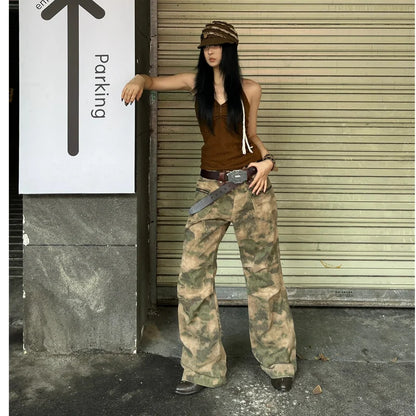 liwuka Womens Jeans High Waist Vintage Camouflage Straight LOOSE Denim Pants Streetwear American Classic Fashion Wide Leg Denim Trouser