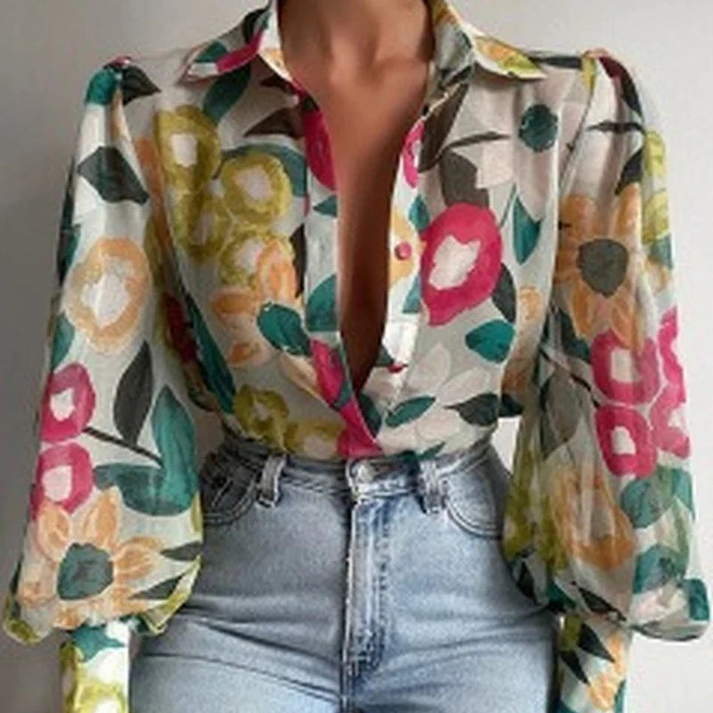 liwuka Spring Fashion Lapel Lantern Sleeve Blouses Office Lady Vintage Floral Print Shirts Tops Button Up Long Sleeve Shirt