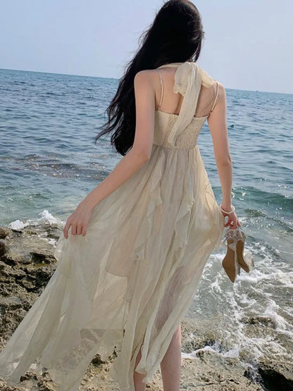 liwuka New Summer Holiday Beach Dress Women Irregular Ruffles Spaghetti Strap Elegant Fairy Korea Fashion Bohemian