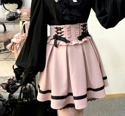 liwuka Japanese Gothic Lolita Style Mini Skirt Girls Sweet Lace Ruffles Slim Ribbon Skirt Streetwear Sexy Women Cute Y2k Party Skirts