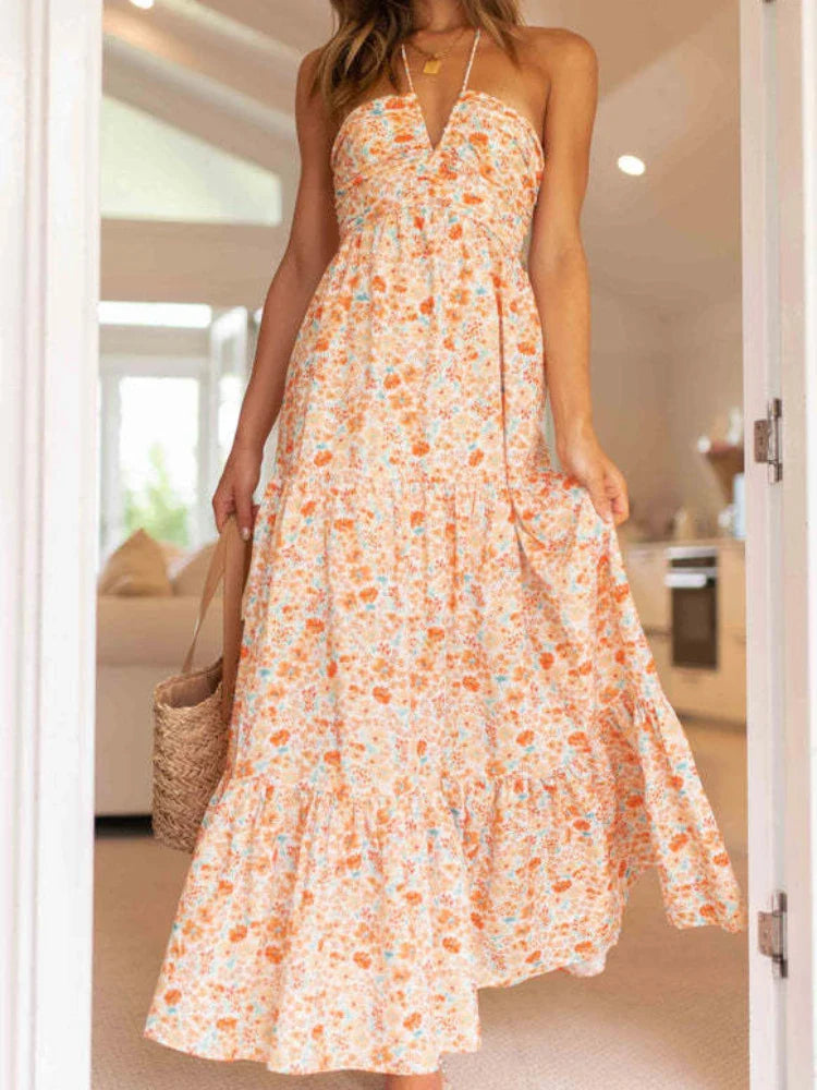 liwuka DRESS TO IMPRESS Women's Summer Chiffon Halter V Neck Sleeveless Floral Flowy A Line Maxi Dress Boho Backless Tiered Swing Long Beach Dresses