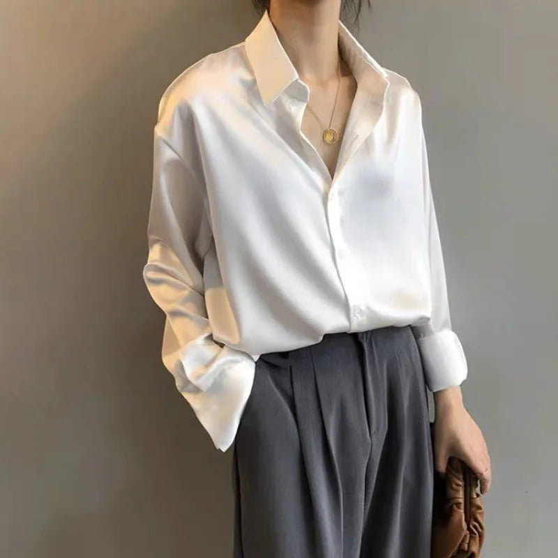 liwuka Women Silk Shirt New Vintage Fashion Solid Button Up Long Sleeves Blouse Tops Female Summer Casual Loose Office Lady Shirts