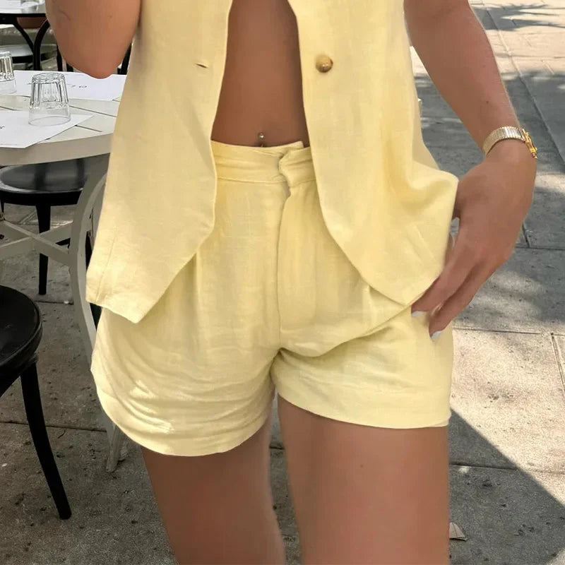 liwuka Yellow Sets For Women 2 Pieces Sleeveless Single Breasted Top High Waist Wide Shorts Suit 2024 Summer Beach Office Lady Outfit