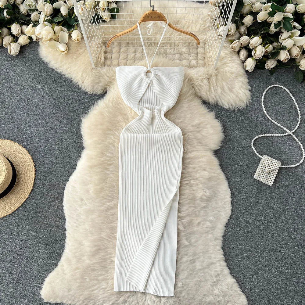 liwuka Chic Fashion Sexy Package Hips Split Knitted Summer Dress Women Slim Elastic Bodycon Party Dress Streetwear Outfits