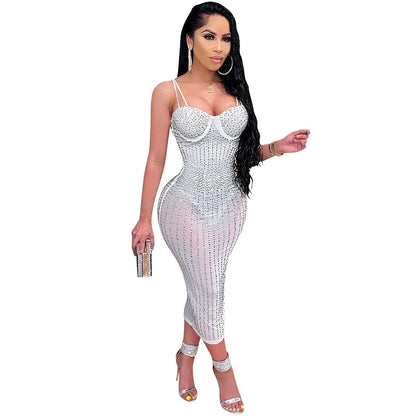 liwuka Black Sexy Mesh Perspective Rhinestone Party Suspended Dress Women Thin Strap Sleeveless Bodycon Dress Female Nightclub Wear