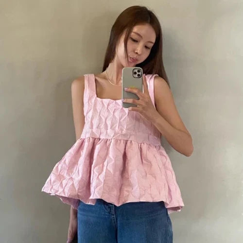 liwuka Folds Sleeveless Suspender Shirt for Women's Summer Sweet Simple Blouse Women Loose Casual Solid Color Blusas Short Top