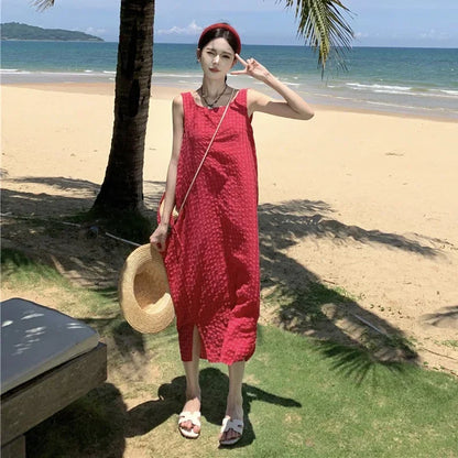 liwuka 2024 New Sexy Women Backless Beach Dress Summer Elegant Chic Cotton Loose Rose Red Vacation Y2K Lace Up Long Kawaii Clothing