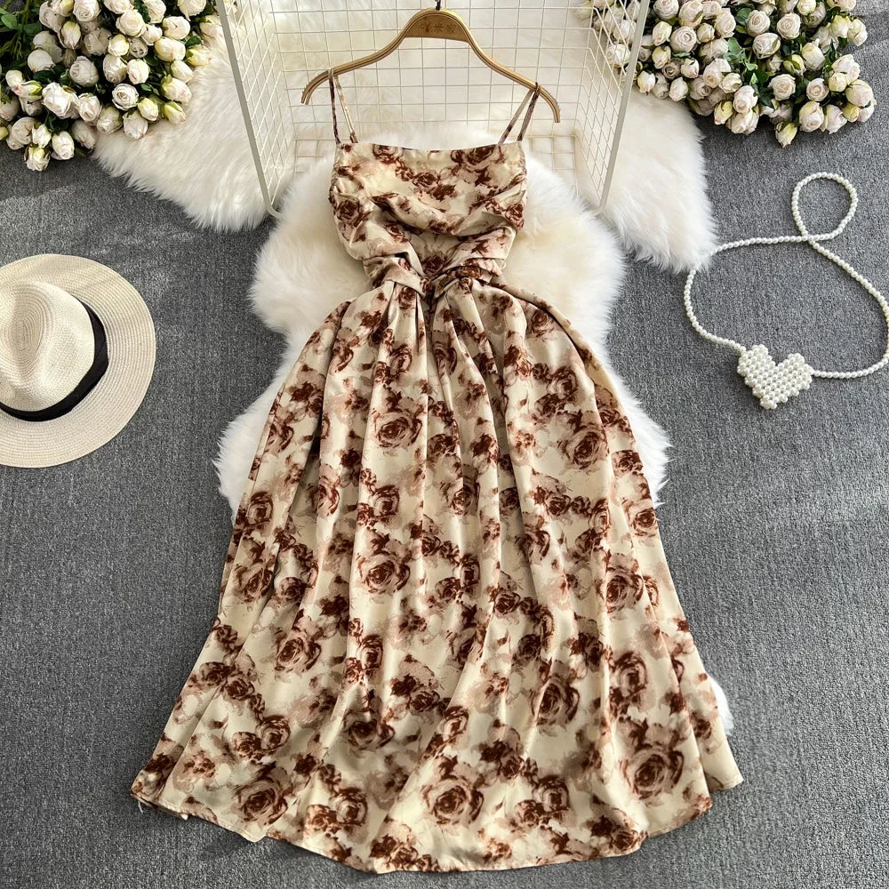 liwuka 2024 New Summer Romantic Floral Print Long Dress Vintage Rose Print High Waist Spaghetti Strap Summer Dress Lady Beach Sundress