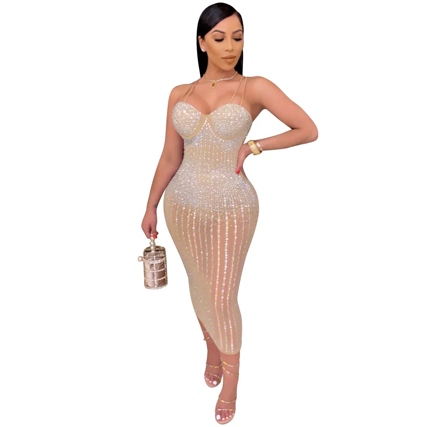 liwuka Black Sexy Mesh Perspective Rhinestone Party Suspended Dress Women Thin Strap Sleeveless Bodycon Dress Female Nightclub Wear