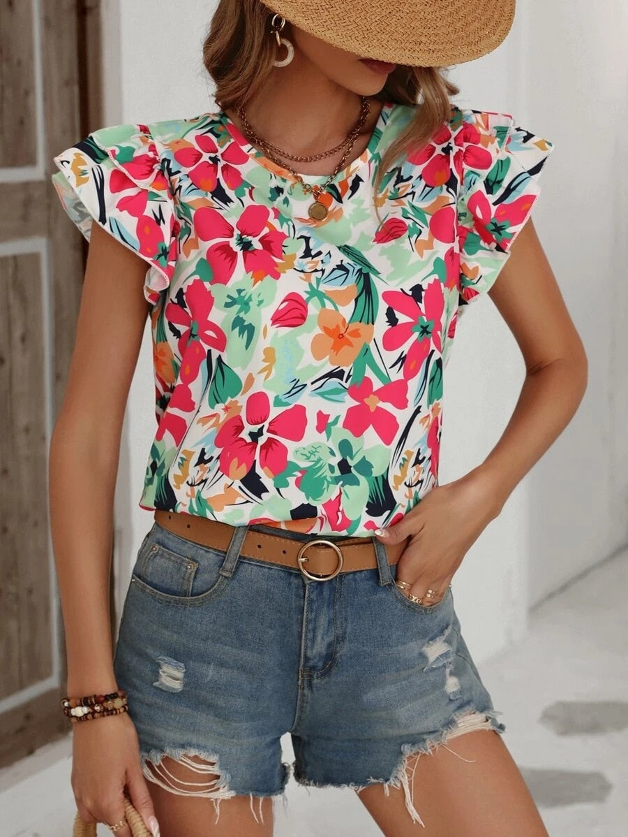 liwuka Fashion Flower Print Flying Sleeve Shirt Blouse Woman Spring Summer Casual O-neck Short Sleeve Blouses For Women Loose Tops