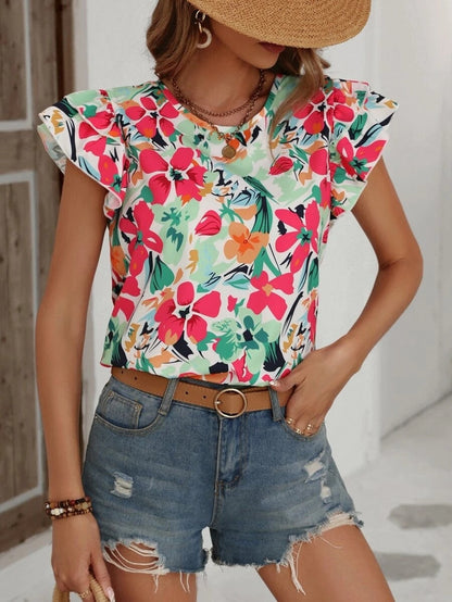 liwuka Fashion Flower Print Flying Sleeve Shirt Blouse Woman Spring Summer Casual O-neck Short Sleeve Blouses For Women Loose Tops