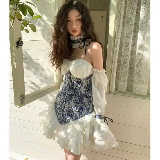 liwuka Summer New Women's Pure Desire Sexy Spicy Girl Bra Dress Blue Waistband Skirt Flower Fluffy Skirt Clothes