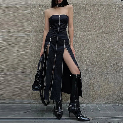 liwuka Techwear Fashion Zip Up Midi Dresses Cyber Y2k Mall Gothic Split Women Tube Dress Partywear Punk Off Shoulder Outfits