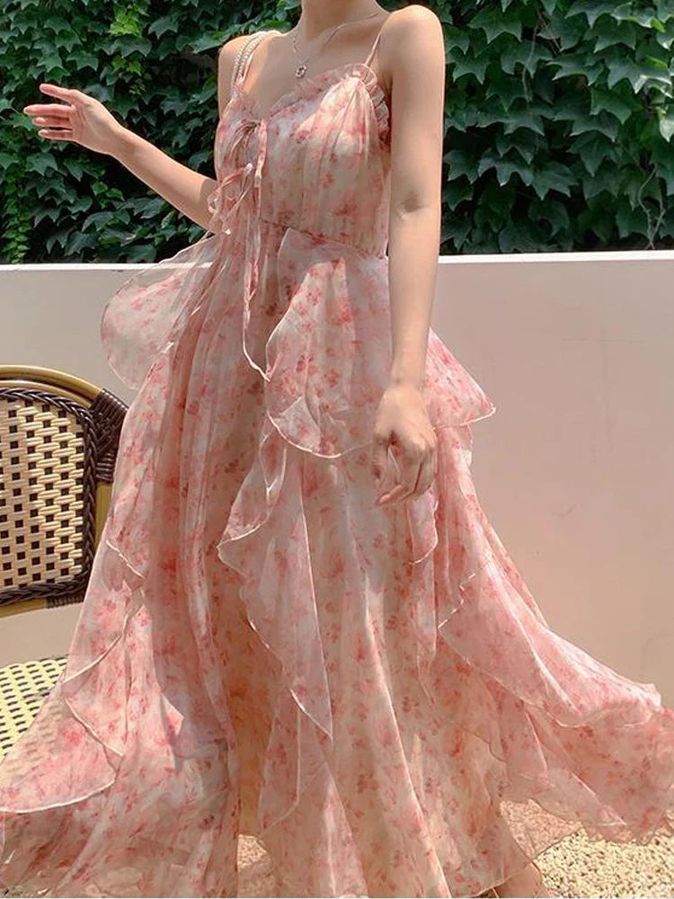 liwuka Summer Pink Floral Ruffle Dress Women French Seaside Holiday Sleeveless Strapless Woman Long Dresses New