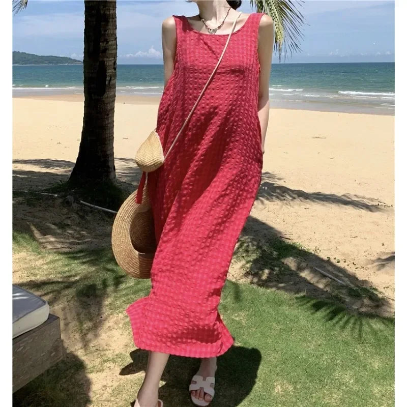 liwuka 2024 New Sexy Women Backless Beach Dress Summer Elegant Chic Cotton Loose Rose Red Vacation Y2K Lace Up Long Kawaii Clothing