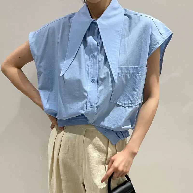 liwuka Simple Solid Color Lapel Women Blouses Loose Large Pocket Design Blusas Short Sleeve Shirts Korean Summer Top for Women