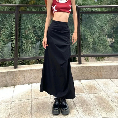 liwuka Vintage Cargo Skirt Women Ruffle Y2k Fashion Slit Skirts Streetwear Casual Solid Summer Long Skirt Aesthetics A-line