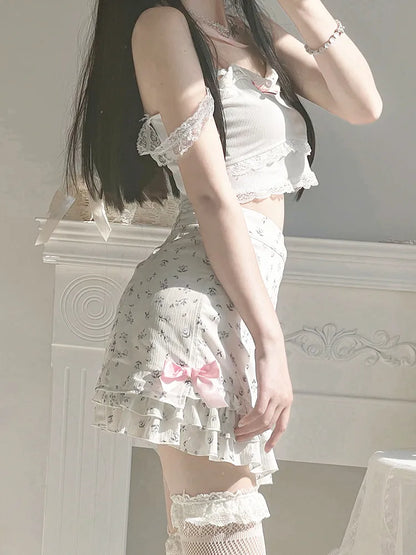 liwuka Floral Print Ruffle Mini Skirt White Kawaii Lolita Skirts Japanese Style Aesthetic Outfit Straight Bow Skirts Y2K Faldas