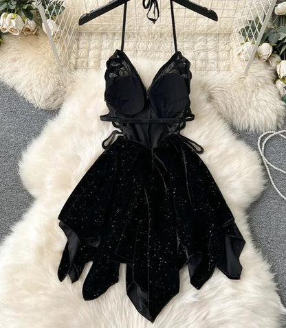 liwuka Female Backless Sexy Dress Fashion Halter Lace up Design Women Embroidery Butterfly Slim Short Irregular Velvt Dress