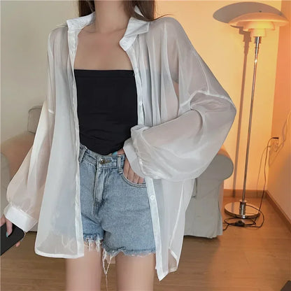 liwuka Fashion Women Holiday Beach Shirts See Through Chiffon Blouse New Summer Tops Sun Protection Clothes Long Sleeve Blusas