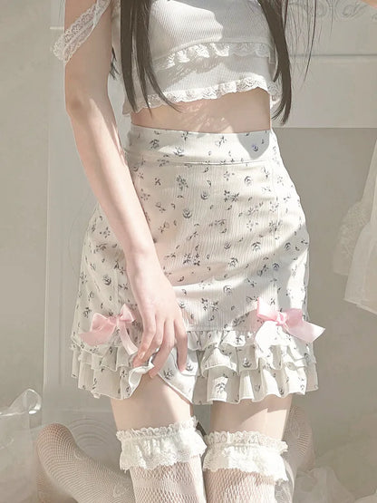 liwuka Floral Print Ruffle Mini Skirt White Kawaii Lolita Skirts Japanese Style Aesthetic Outfit Straight Bow Skirts Y2K Faldas