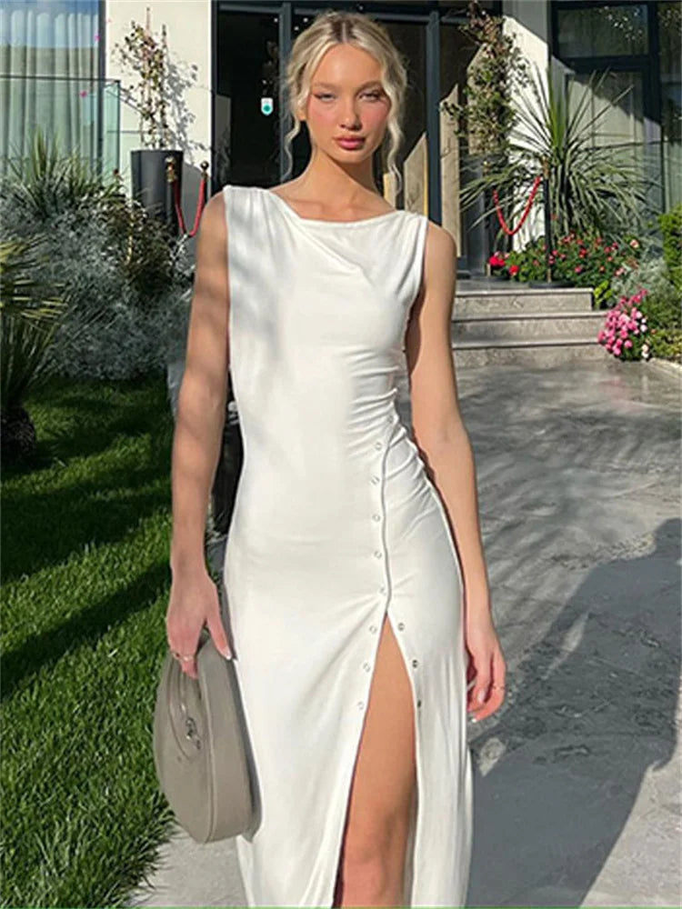 liwuka Summer Elegant White Maxi Dress High Waist Sleeveless Patchwork Women's Party Dress High Split Solid Fashion Women Dress