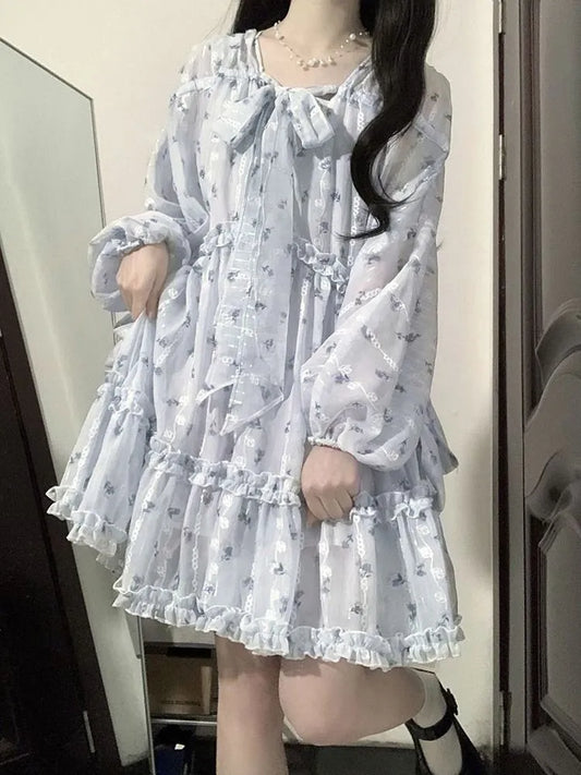 liwuka Fairycore Cute Floral Blue Lolita Dress Women Kawaii Japanese Style Sweet Ruffles Long Puff Sleeve Mini Dresses Autumn