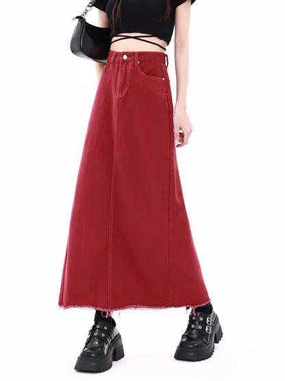 liwuka Women's Red Gothic A-line Denim Skirt with Slit Vintage Y2k Long Cowboy Skirts Harajuku Korean Jean Skirt 2000s Clothes Summer