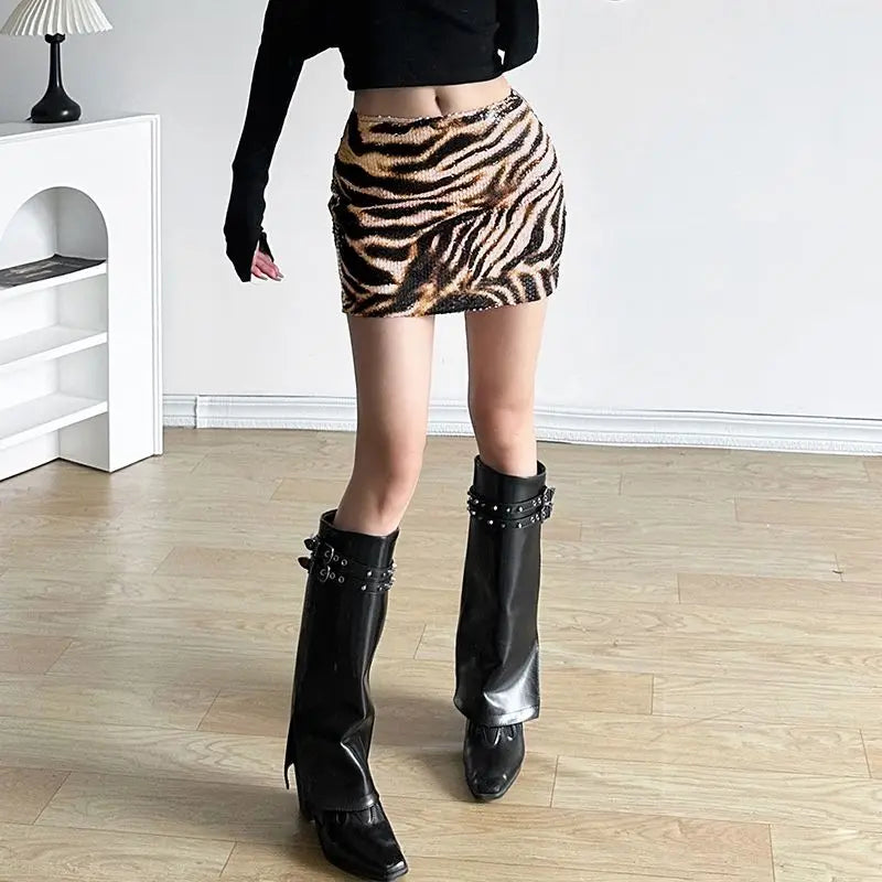 liwuka High Street Leopard Print Mini Skirt Women Fashion Y2k Sequin Sexy High Waist Slim A-line Skirt Party Night Club Summer