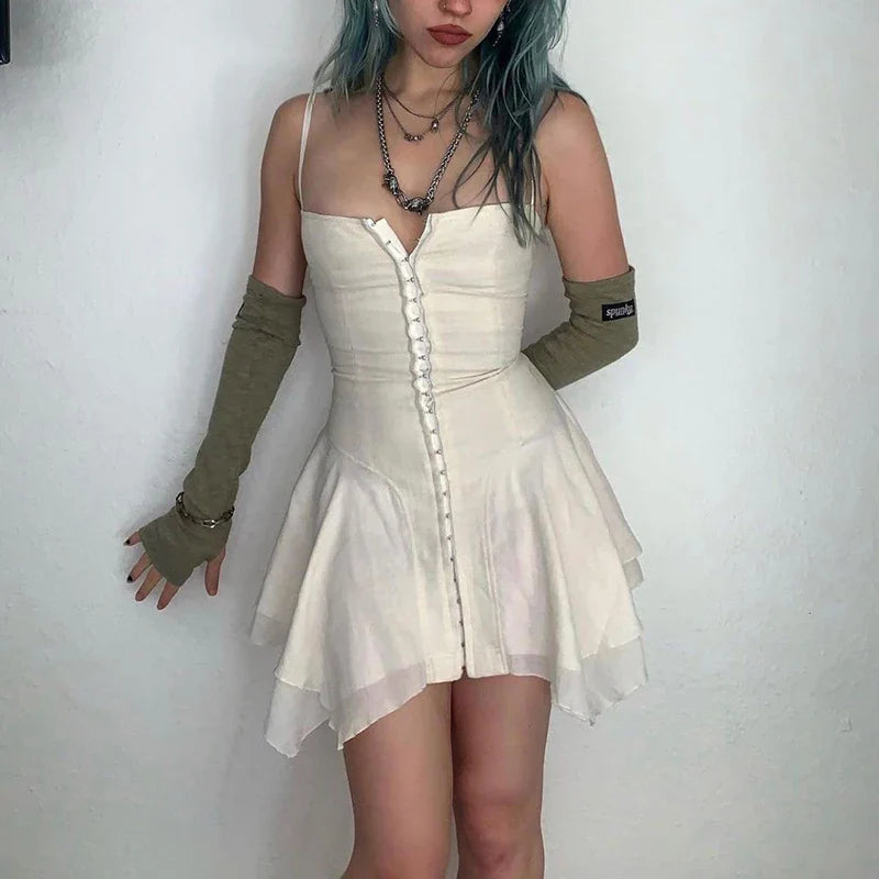 liwuka E-girl Harajuku Grunge Mini Dress Y2K Aesthetics Fairy Sexy Low Cut Front Hook Irregular Hem Backless Corset Dress Streetwear