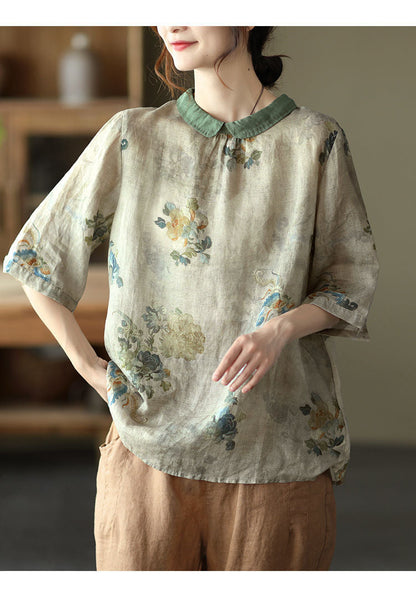 liwuka Women Summer Casual Shirts New Vintage Style Floral Print Loose Comfortable Cotton Linen Female Half Sleeve Tops