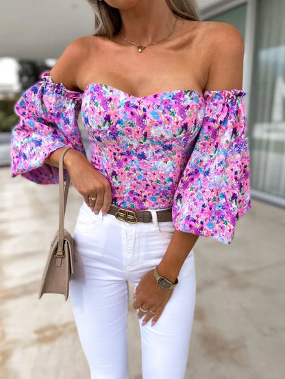 liwuka Women Sexy Top Summer Off Shoulder Floral Blouses Women Boho Casual Backless Blouse Female Holiday Slash Neck Tops Clothing