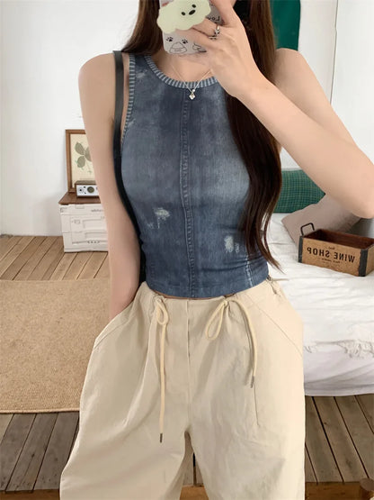 liwuka Hot Girls Summer Hole T-Shirts New Women Slim Sexy Casual 2024 Wide Leg Pants Mopping Office Lady High Street Fashion