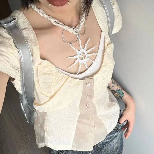 liwuka Y2K Vintage Women's Blouse See Through Short Sleeve Slim Shirts Japanese 2000s Style Summer Gyaru Streetwear Cardigan