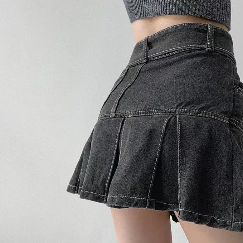 liwuka Denim Pleated Mini Skirt Vintage Sexy High Waist A-line Belt Women Embroidery Jean Short Skirt Summer Japanese Y2k