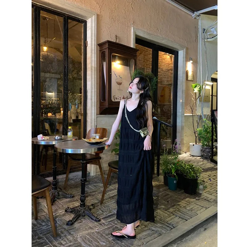 liwuka 2024 New Arrival Summer Beach Style Women Casual Loose Sleeveless V-neck All-matched Folds Design Ankle-length Dresses V905