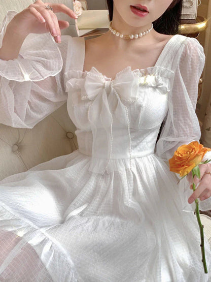 liwuka White Kawaii Dress Women Chiffon Lolita Style Long Sleeve Mini Dresses Bow Fairy Robe Ruffles Patchwork Square Collar