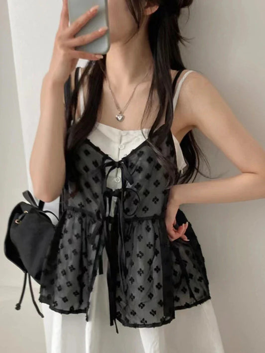 liwuka French Lace Sling Elegant Mesh Tops Women Summer Fashion Stacked Design Loose Gauze Tanks Korea Vintage Outwear Camis 2024 New