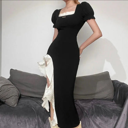 liwuka Summer Square Collar Puff Sleeve Dresses Ladies Sexy Side Slit Ruffles Bodycon Dress Women Slim Fit Black Y2K Dress