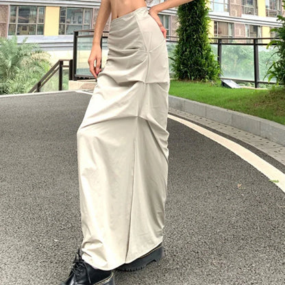 liwuka Vintage Cargo Skirt Women Ruffle Y2k Fashion Slit Skirts Streetwear Casual Solid Summer Long Skirt Aesthetics A-line