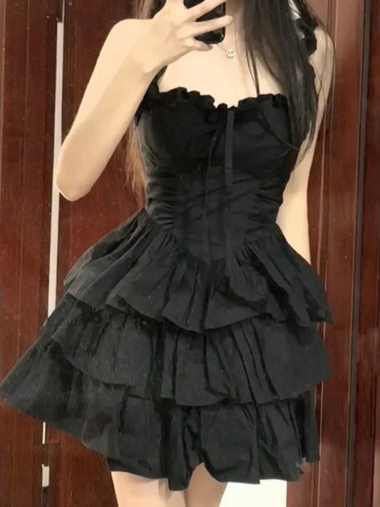 liwuka Gothic Hrajuku Goth Lolita Kawaii Cute Black Ruffles Dress Soft Girl Y2k 2023 Fashion Cake Party Short Dresses