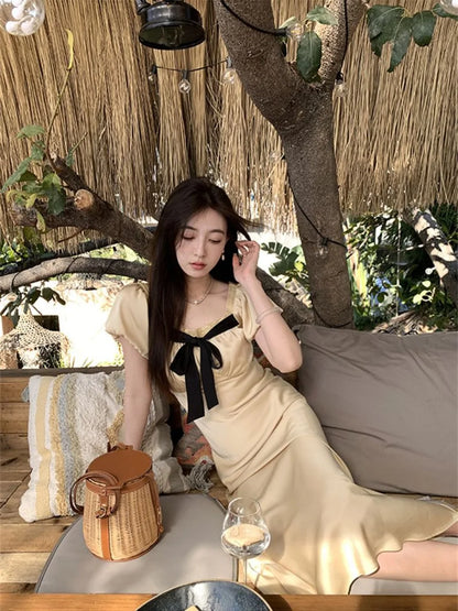 liwuka Drawstring butterfly straps design dress summer new temperament waist thin long skirt female French niche style 2024