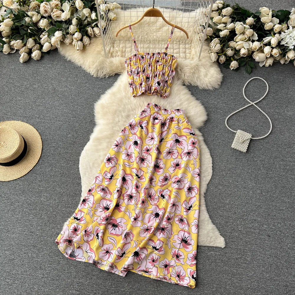 liwuka Women Dress Set New Summer Vacation Fashion Floral Print Straps Crop Tops + Long Skirts Outfits Beach 2Pcs Suits