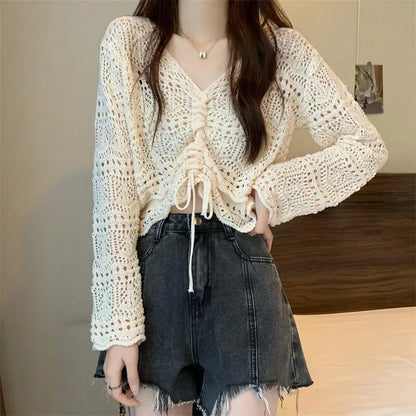 liwuka Korean Simple Hollow Out Drawstring Knit Sweaters Women Spring Summer Solid V-Neck Lace Up Sweet and Spicy Sexy Design Short Top