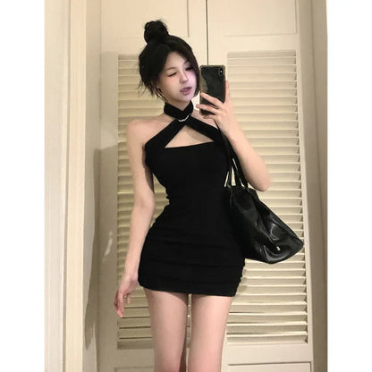 liwuka Summer Women's Clothing Dress Spicy Girl Sexy Sling Knitted  Mid-length Dress Pure Black Waist Slim Fit Slim Wrap Hip Skirt