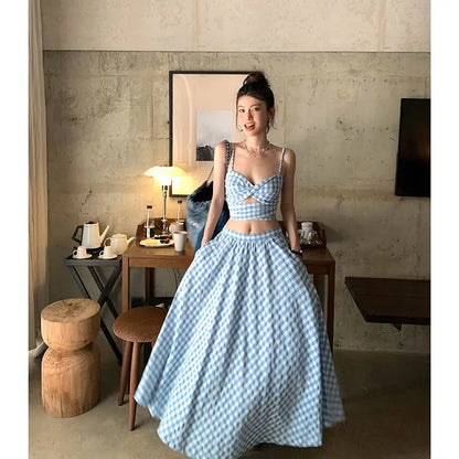 liwuka New Suspender Strapless Vacation Style Blue White Checkered Vest Women's Summer Skirt Two-piece Set Female Clothing